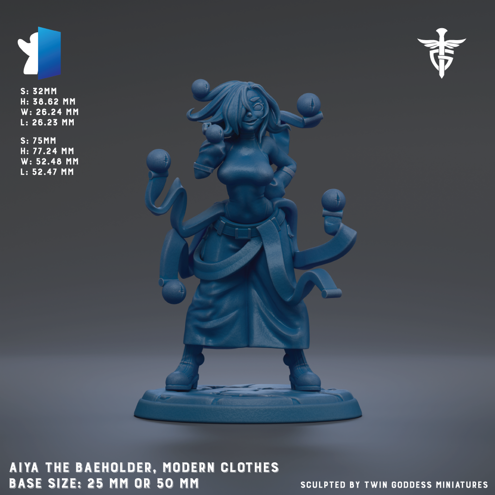 The image is a 3D rendering of a character in a blue outfit, holding multiple spherical objects, likely representing modern clothes. The character is standing on a base that is either 25mm or 50mm in size. The image is a sculpture of a character, and it is created by Twin Goddess Miniatures.