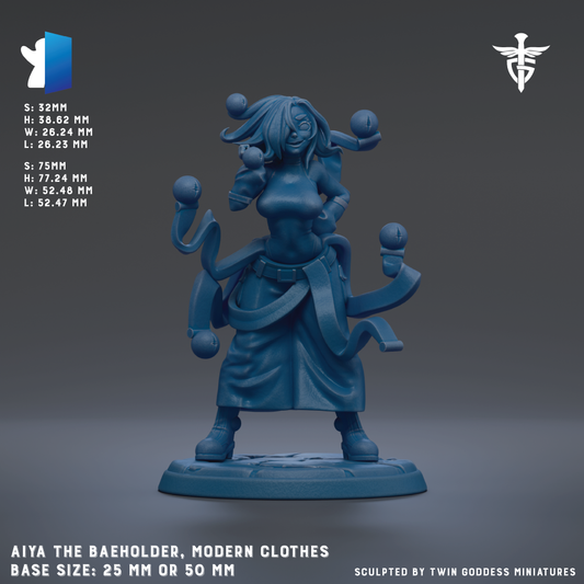 The image is a 3D rendering of a character in a blue outfit, holding multiple spherical objects, likely representing modern clothes. The character is standing on a base that is either 25mm or 50mm in size. The image is a sculpture of a character, and it is created by Twin Goddess Miniatures.
