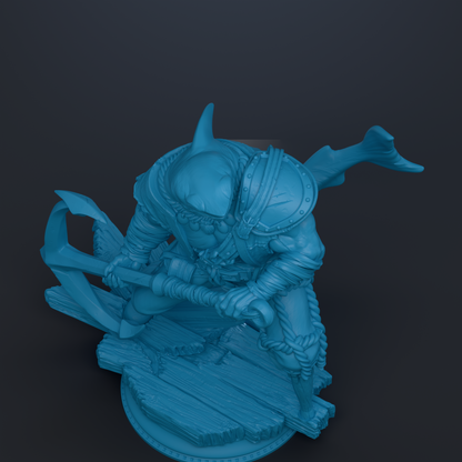 A blue 3D model of a warrior figure holding a sword and shield, standing on a wooden platform.