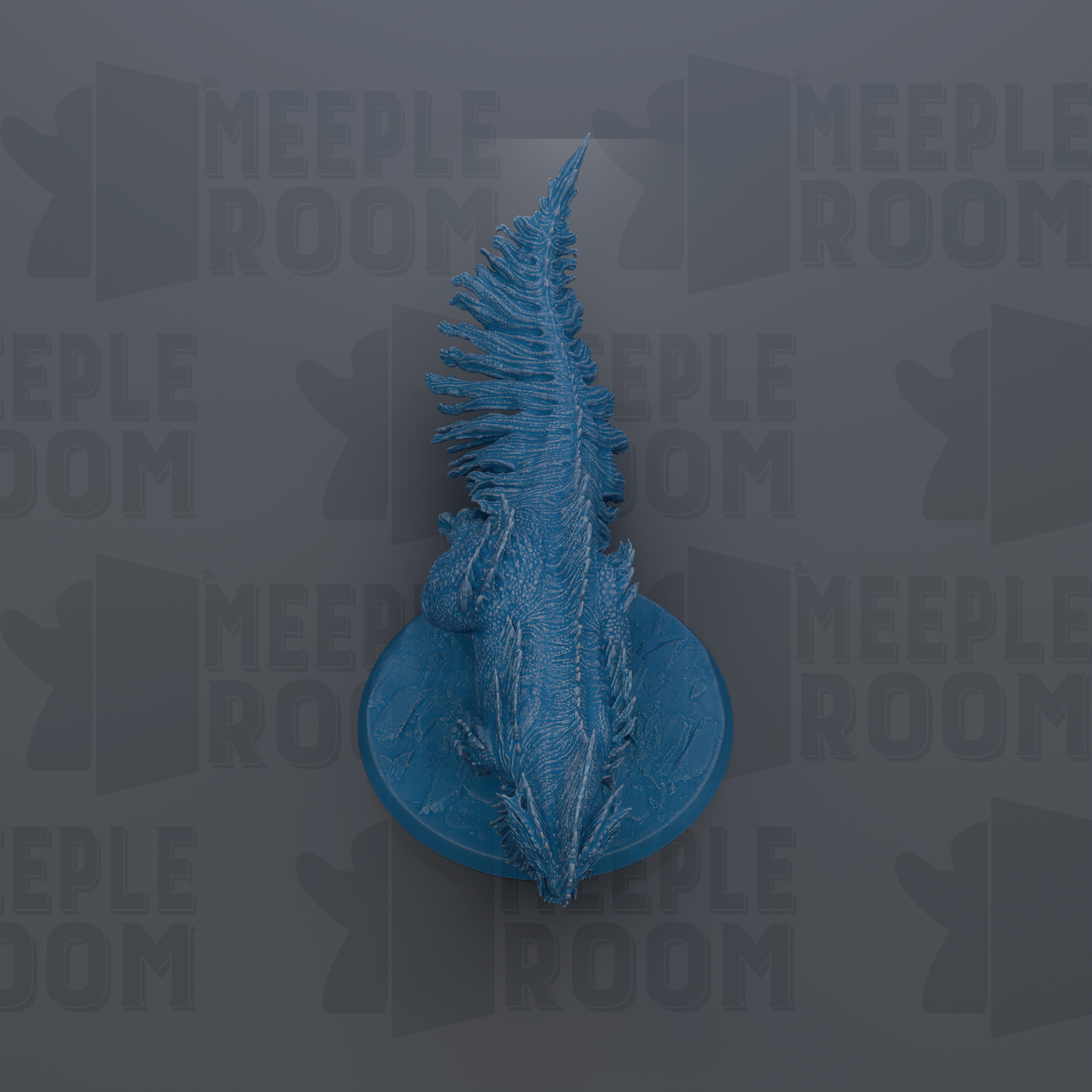 a blue, stylized dragon-like creature with a long, pointed tail, standing on a circular base.