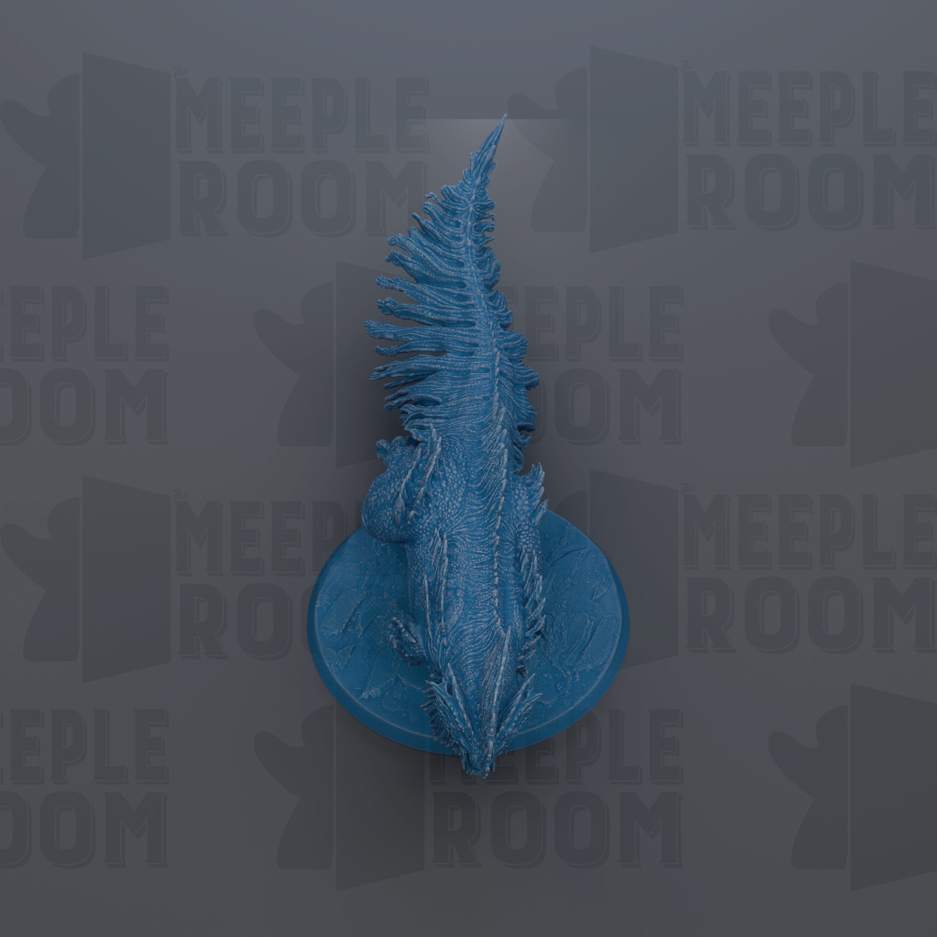 a blue, stylized dragon-like creature with a long, pointed tail, standing on a circular base.