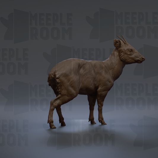 A 3D rendering of a deer or antelope standing in a dark environment, with the text "MEUPLE ROOM" repeated multiple times in the background.