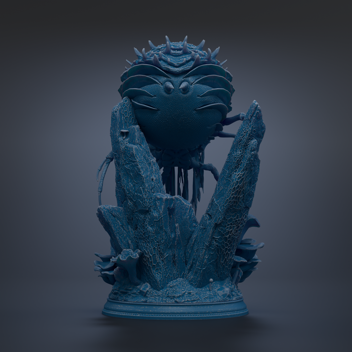 A 3D rendering of a blue, spiky, and textured creature resembling a crab or sea creature, standing on a rocky base.