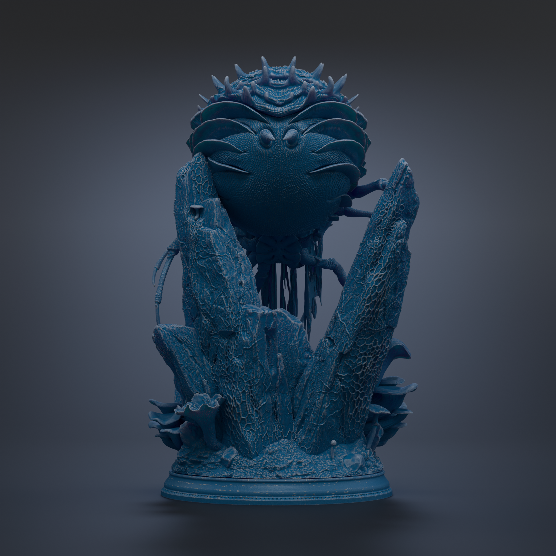 A 3D rendering of a blue, spiky, and textured creature resembling a crab or sea creature, standing on a rocky base.