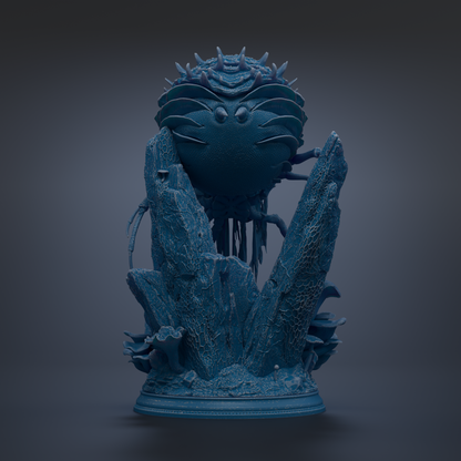 A 3D rendering of a blue, spiky, and textured creature resembling a crab or sea creature, standing on a rocky base.