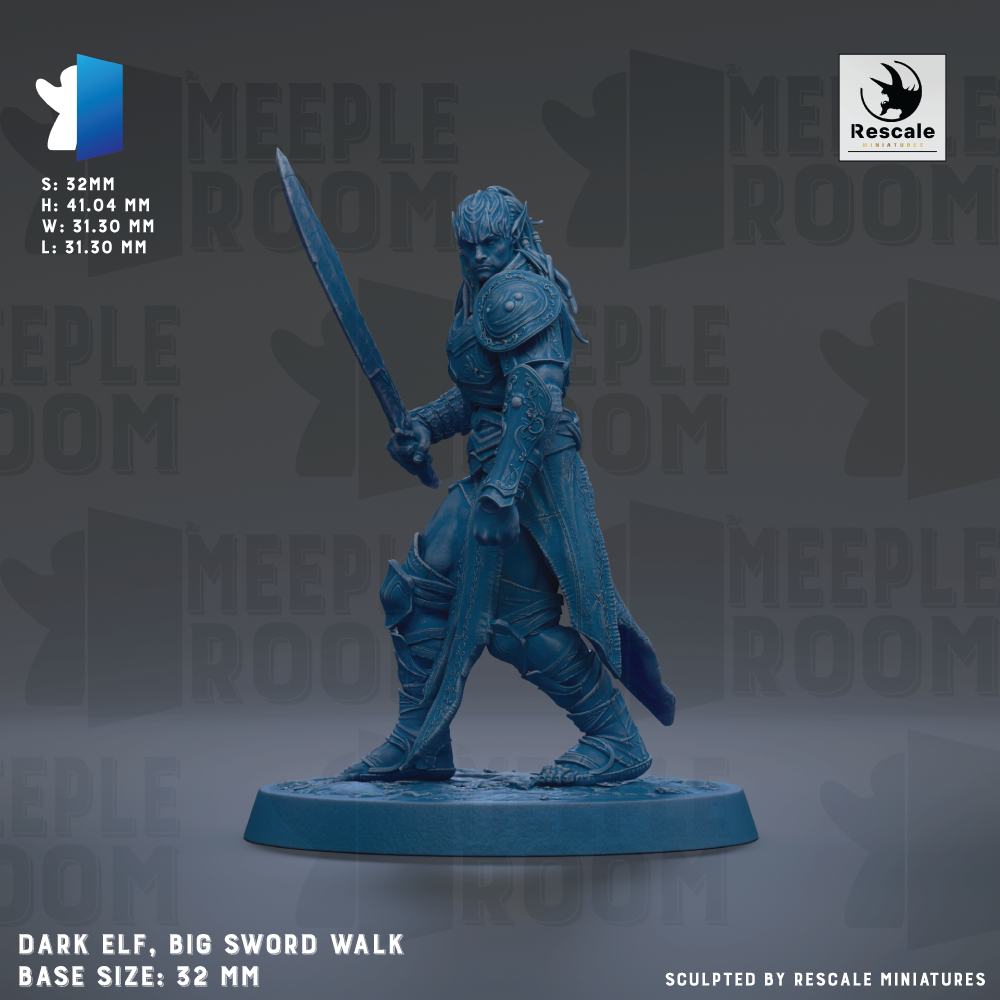 The image is a 3.2mm figurine of a dark elf wielding a big sword, standing on a base size of 32mm.