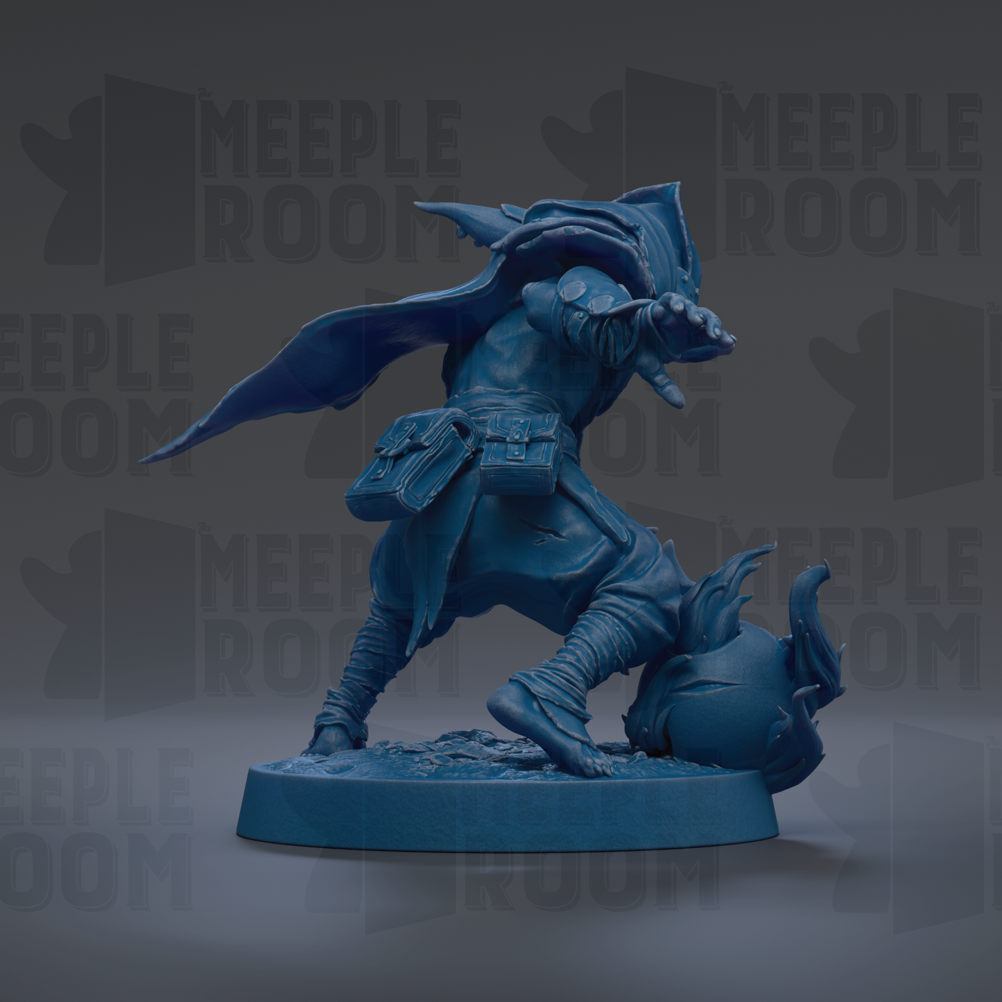 A blue figurine of a character with a cape and a bag, standing on a base.
