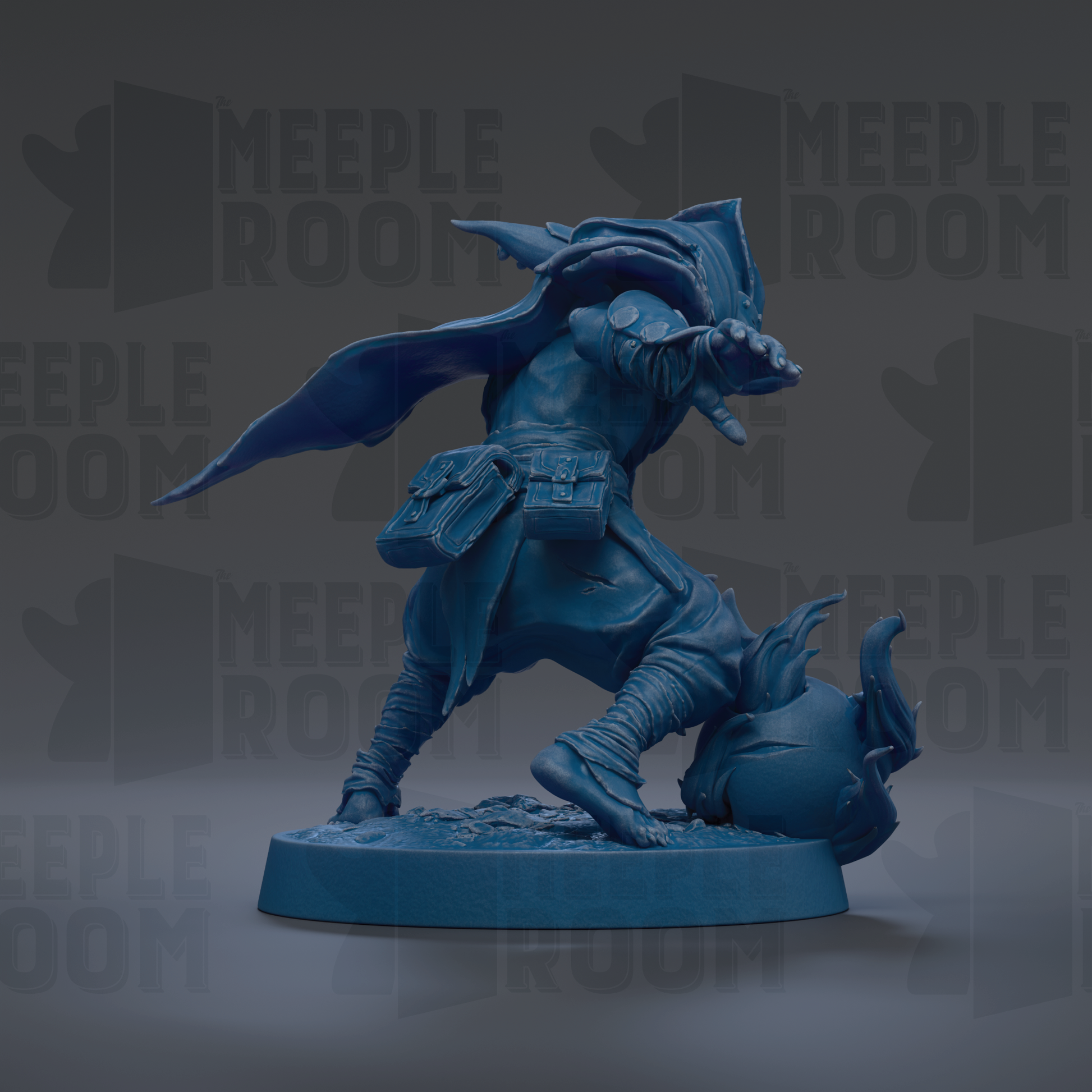A blue figurine of a character with a cape and a bag, standing on a base.