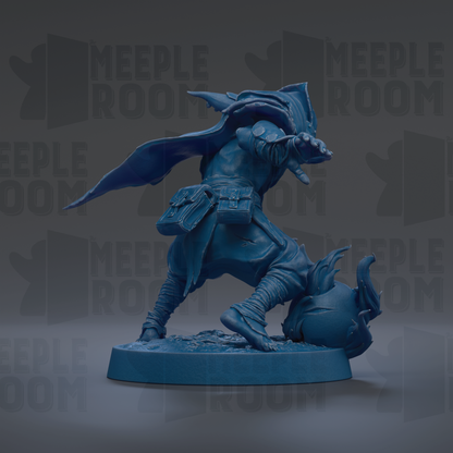 A blue figurine of a character with a cape and a bag, standing on a base.