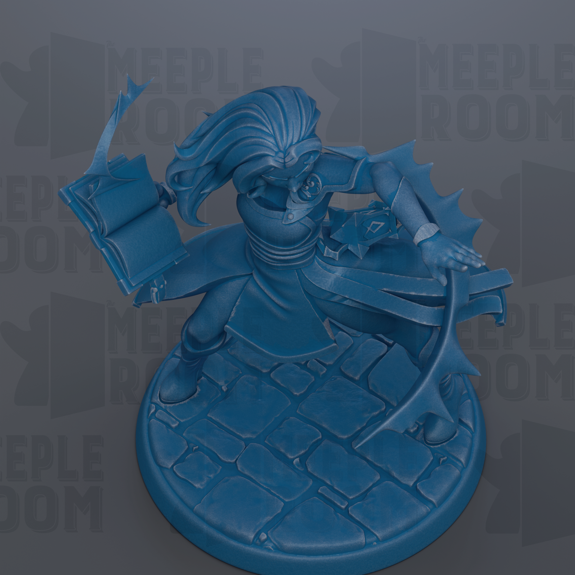 A blue 3D model of a character with long hair, holding a book and a shield, standing on a stone base.