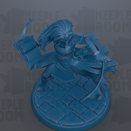 A blue 3D model of a character with long hair, holding a book and a shield, standing on a stone base.