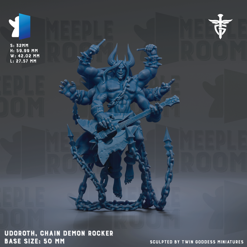 The image is a 3D rendering of a muscular, horned figure with multiple arms, holding a guitar and surrounded by chains. The figure appears to be a chain demon or chain deity, with a dark, ominous appearance. The image is described as a "chain demon" and a "chain deity" and is shown in a base size of 50mm. The image is a part of a larger collection of images, as indicated by the text "SMEPLER ROOM" and "Sculpted by TWIN GODS MINIATURES".