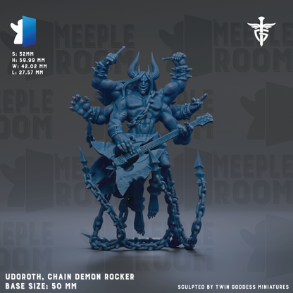 The image is a 3D rendering of a muscular, horned figure with multiple arms, holding a guitar and surrounded by chains. The figure appears to be a chain demon or chain deity, with a dark, ominous appearance. The image is described as a "chain demon" and a "chain deity" and is shown in a base size of 50mm. The image is a part of a larger collection of images, as indicated by the text "SMEPLER ROOM" and "Sculpted by TWIN GODS MINIATURES".