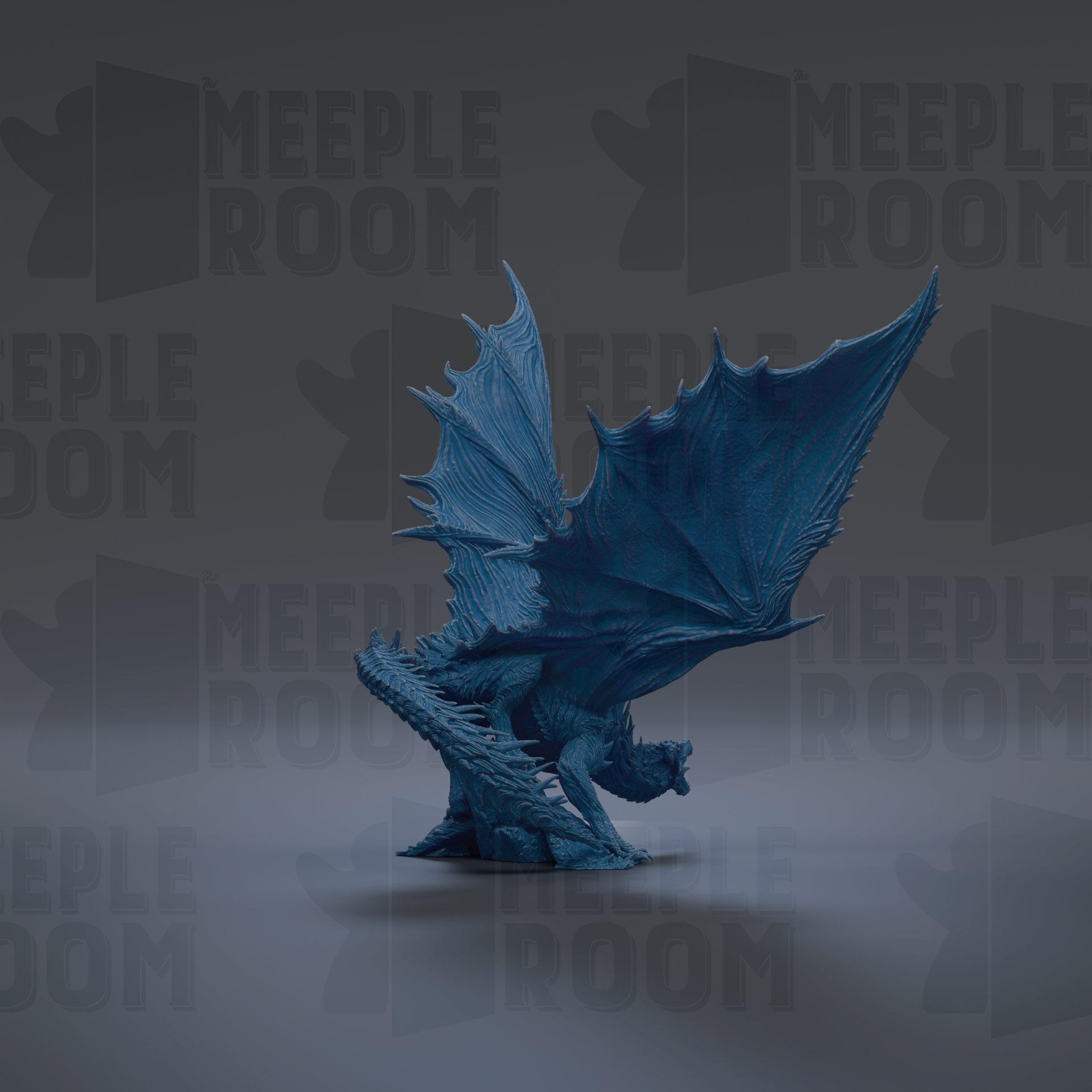 A blue dragon statue with outstretched wings is the central focus of the image.