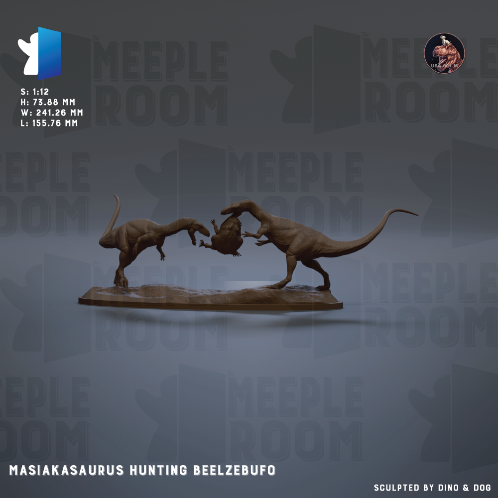a sculpture of a Masiakasaurus hunting Beelzebub, a dinosaur known for its massive size and long neck. The sculpture is shown in a dynamic pose, with the dinosaur's head and neck engaged in a fierce battle. The sculpture is displayed on a platform, and the background features the text "MEIPLE ROOM" repeated multiple times, suggesting the image is part of a larger collection or exhibition.
