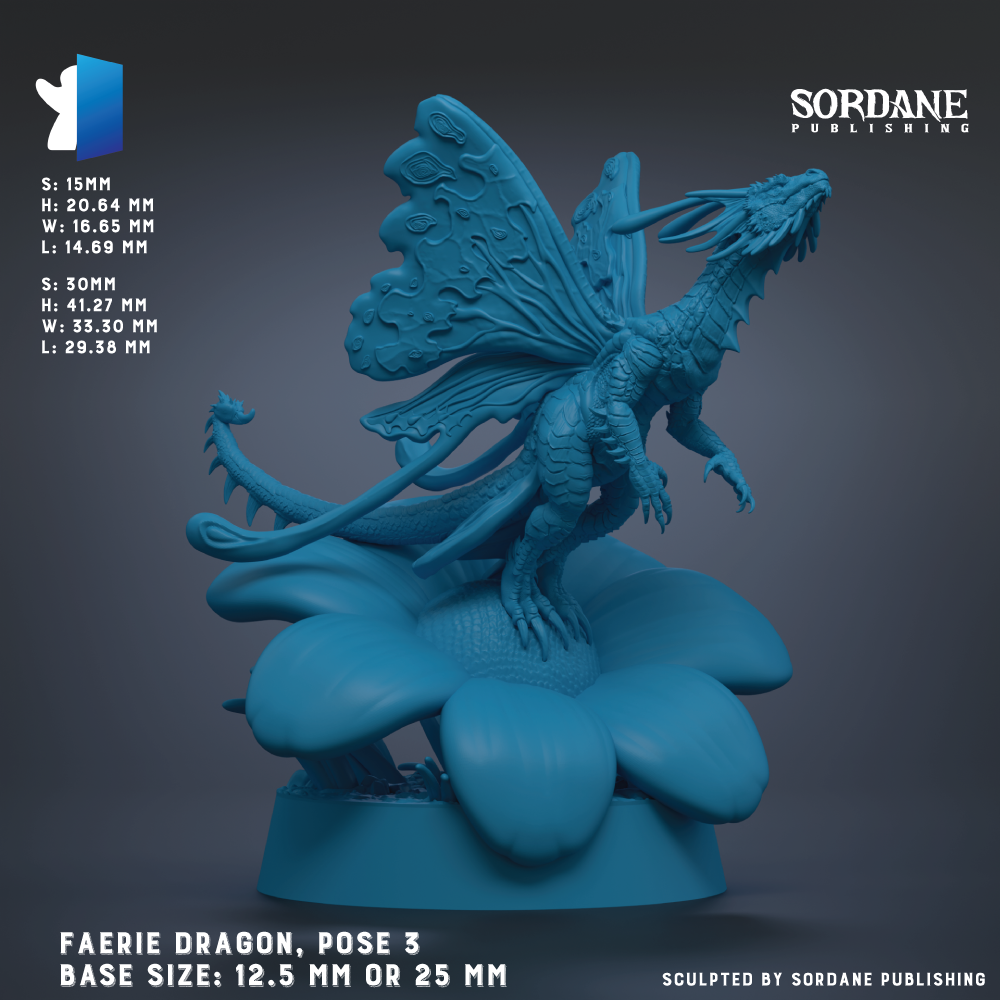 The image is a 3D rendering of a blue dragon statue, with its wings spread wide, perched on a large blue flower. The dragon is the main focus of the image, and the flower serves as a base for the statue. The image is described as a pose 3 of the Faireie Dragon, with a base size of 12.5 mm or 25 mm. The image is published by Sordane Publishing.