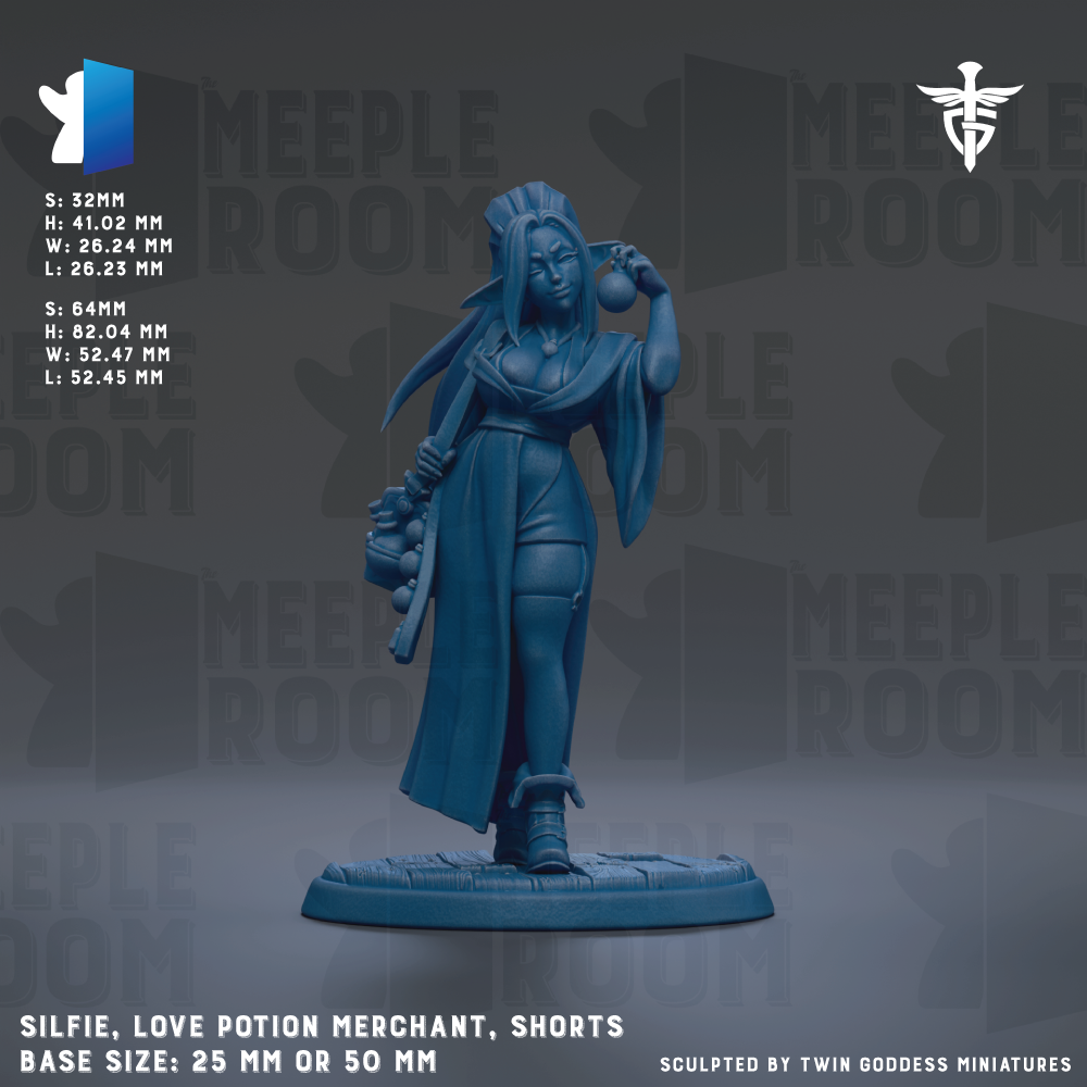 A blue figurine of a woman, likely a love potion merchant, wearing a headdress and holding a staff, standing on a base size of 25mm or 50mm.
