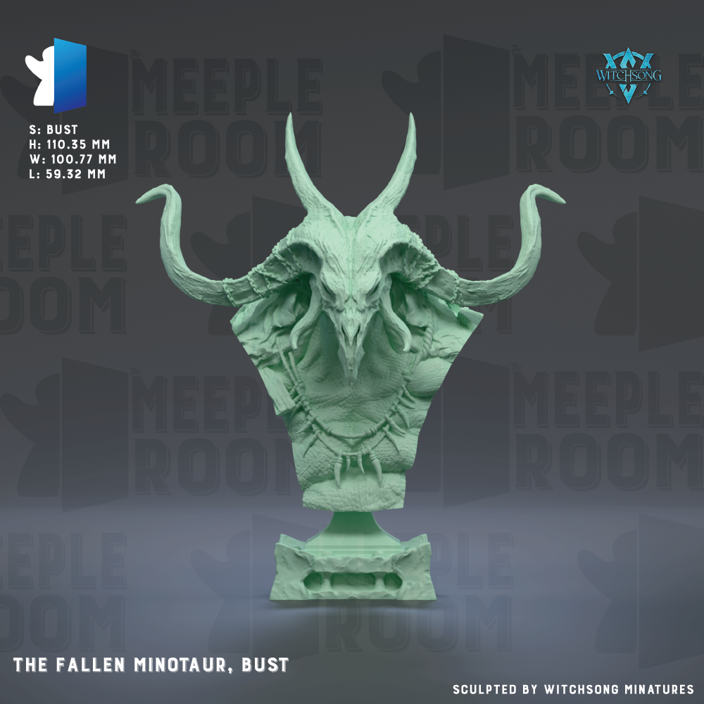 a bust of a fallen minotaur, bust, with horns and a skull-like face.