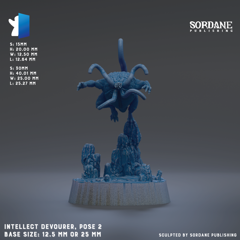 The image is a 3D rendering of a figurine, specifically an intelligence devourer, posed on a base. The figurine is depicted in a dynamic pose, with its arms and legs spread out. The base size of the figurine is either 12.5 mm or 25 mm. The image is a collage of multiple images, and it is described as a "sculpted by Sordane Publishing" image.