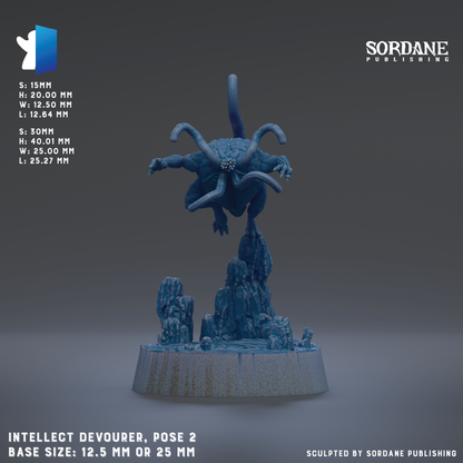 The image is a 3D rendering of a figurine, specifically an intelligence devourer, posed on a base. The figurine is depicted in a dynamic pose, with its arms and legs spread out. The base size of the figurine is either 12.5 mm or 25 mm. The image is a collage of multiple images, and it is described as a "sculpted by Sordane Publishing" image.