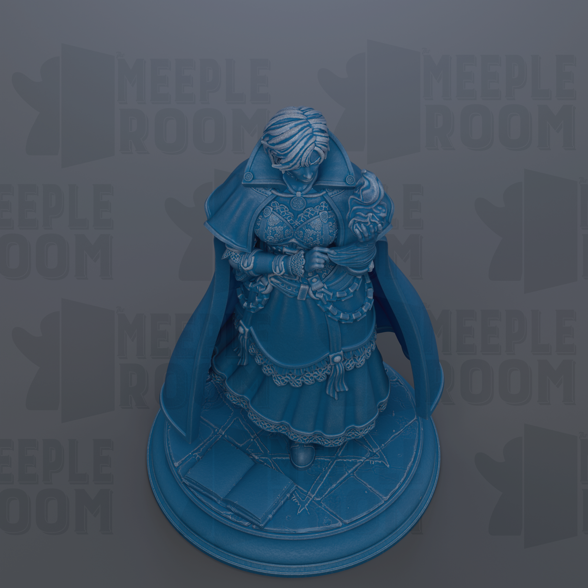 A blue statue of a woman with a flowing dress and a cape, standing on a pedestal.