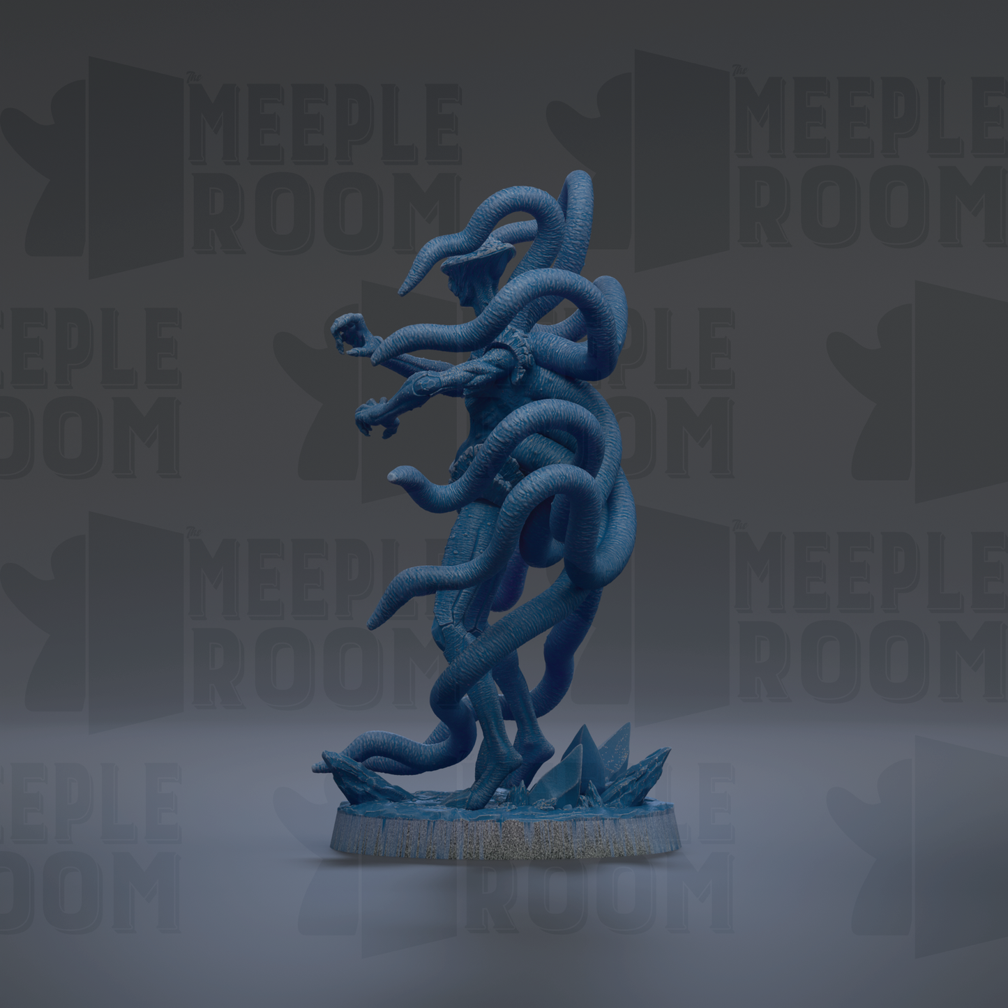 A blue, abstract sculpture with a snake-like form and intricate, intertwined patterns.