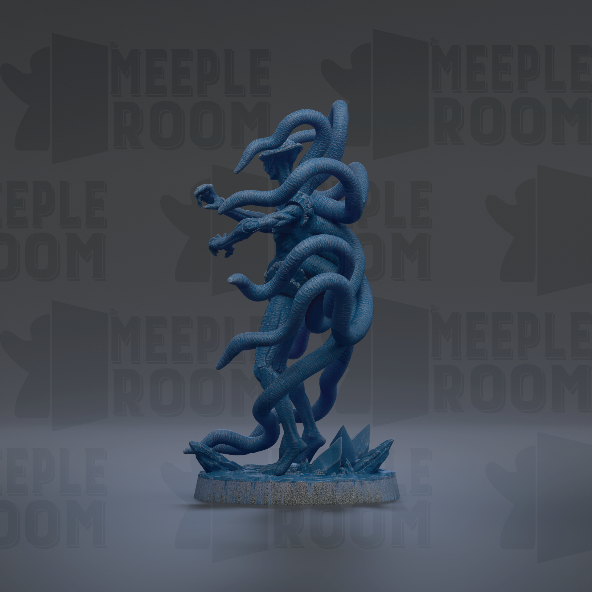 A blue, abstract sculpture with a snake-like form and intricate, intertwined patterns.