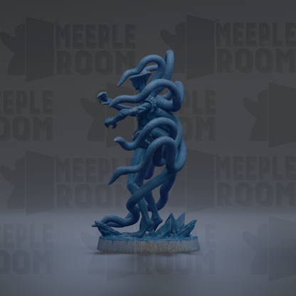 A blue, abstract sculpture with a snake-like form and intricate, intertwined patterns.
