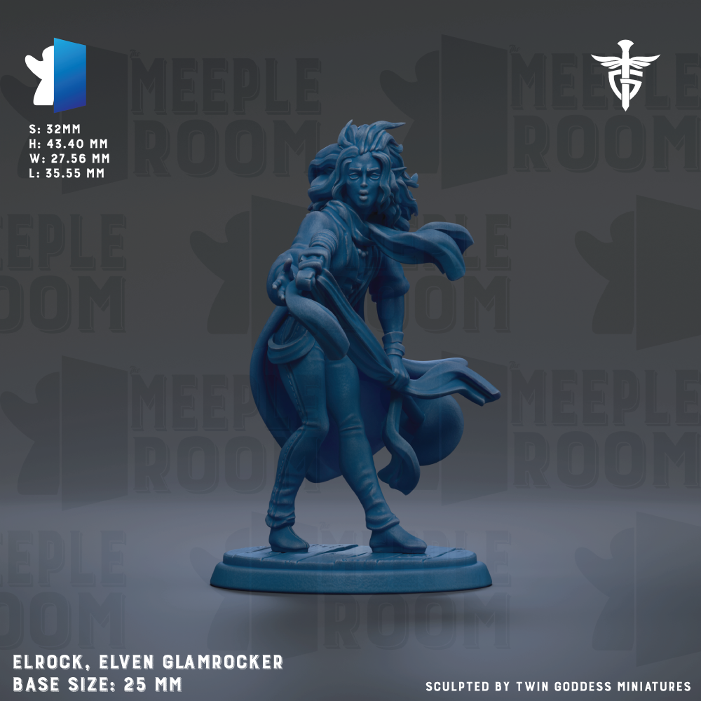 a figurine of a woman with long hair, dressed in a flowing robe, and holding a staff. The figurine is blue in color and appears to be a character from a fantasy or adventure game. The image is described as a base size of 25mm and is sculpted by Twin Goddesses miniatures.