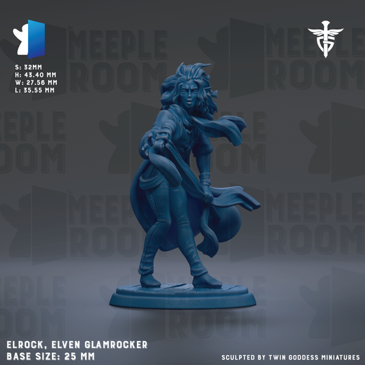 a figurine of a woman with long hair, dressed in a flowing robe, and holding a staff. The figurine is blue in color and appears to be a character from a fantasy or adventure game. The image is described as a base size of 25mm and is sculpted by Twin Goddesses miniatures.