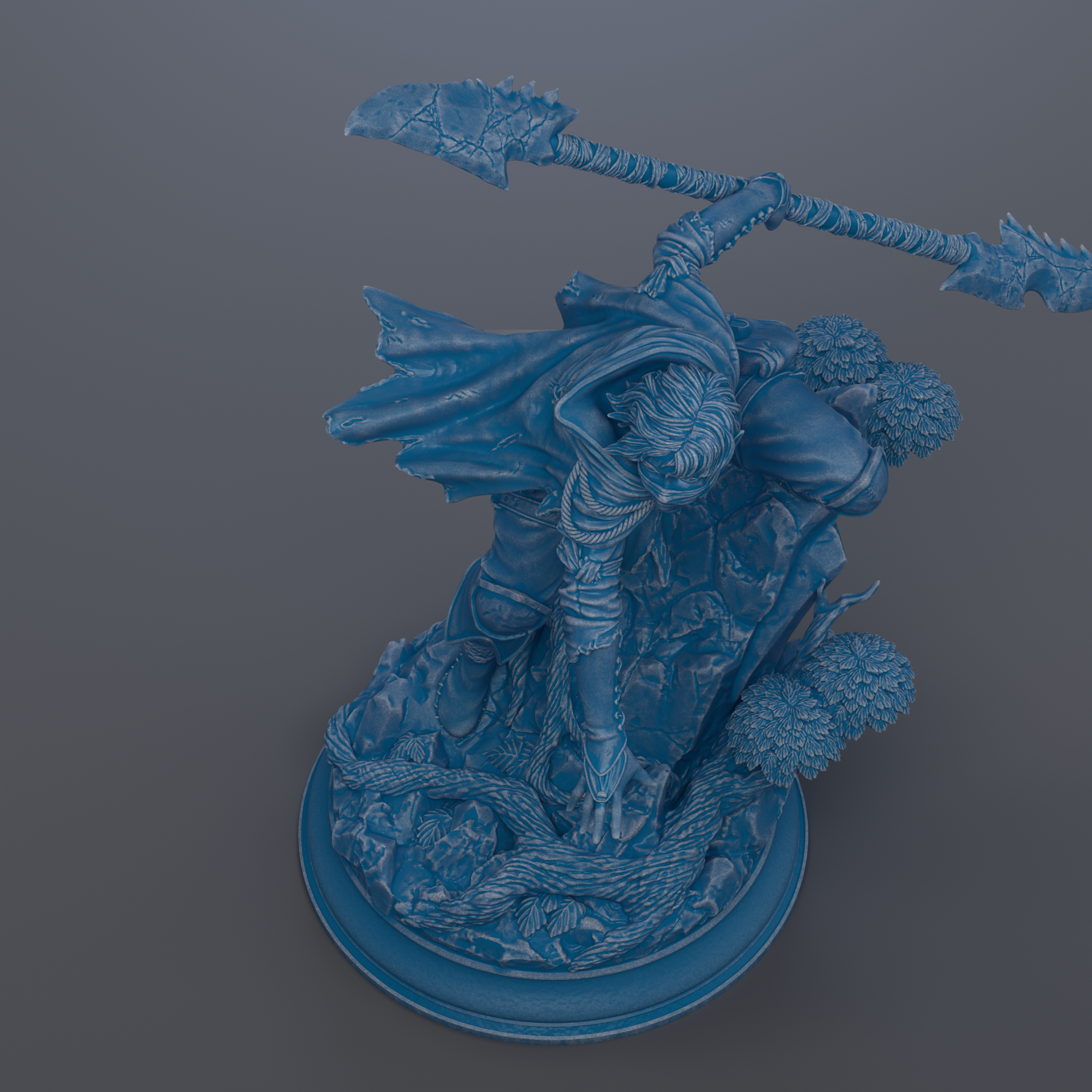A 3D rendering of a blue statue depicting a figure with a sword and shield, standing on a base with a rock formation.