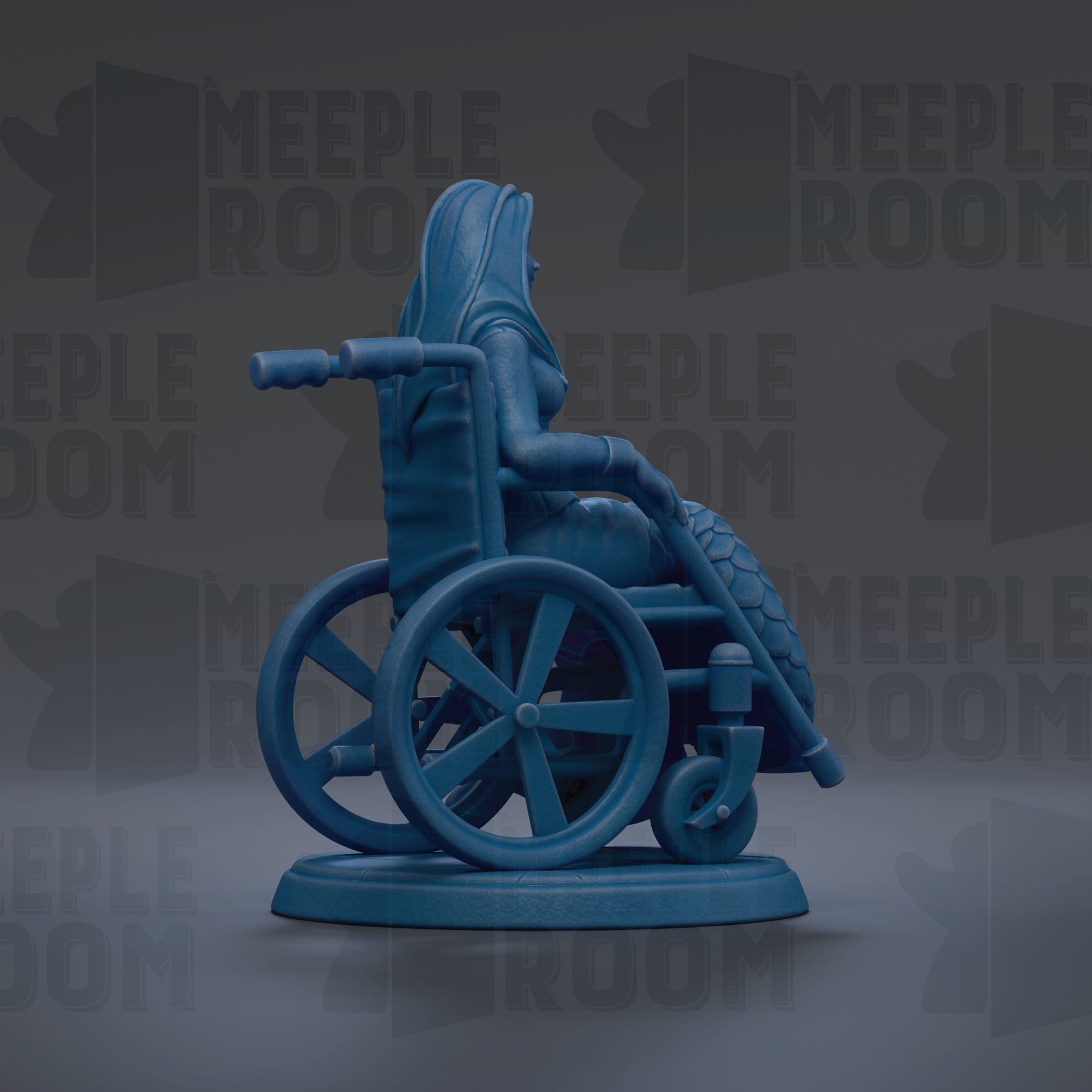A blue figurine of a person in a wheelchair is shown against a dark background with repeated text.