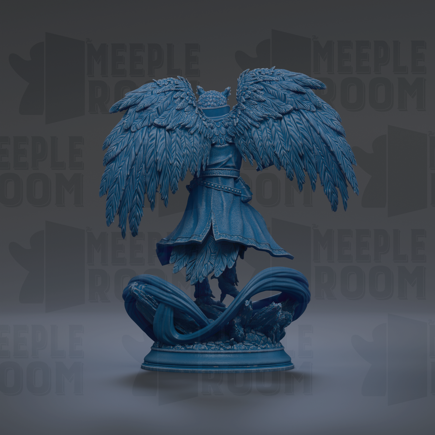A blue statue of a winged figure with a flowing robe and large, intricate feathers.