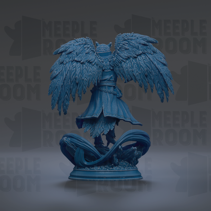 A blue statue of a winged figure with a flowing robe and large, intricate feathers.