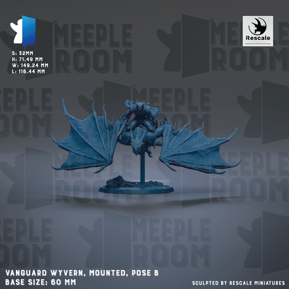 a blue winged creature, possibly a dragon or a mythical creature, mounted on a base and positioned in a pose. The background is a dark gray color with the text "MEUPLE ROOM" repeated multiple times. The image is described as a "VANGUARD WYVERN, Mounted, Pose B" and has a base size of 60mm. The image is described as a "collage of multiple images" and is "sculpted by RESCALE MINIATURES".