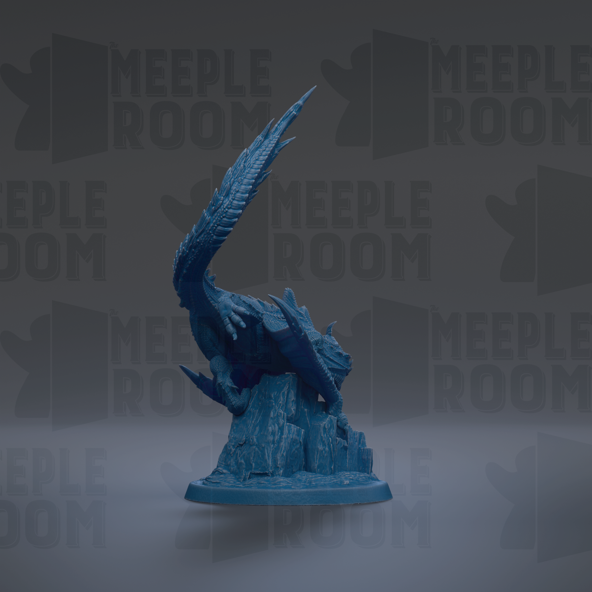 A blue dragon figurine is displayed against a dark background with repeated text.