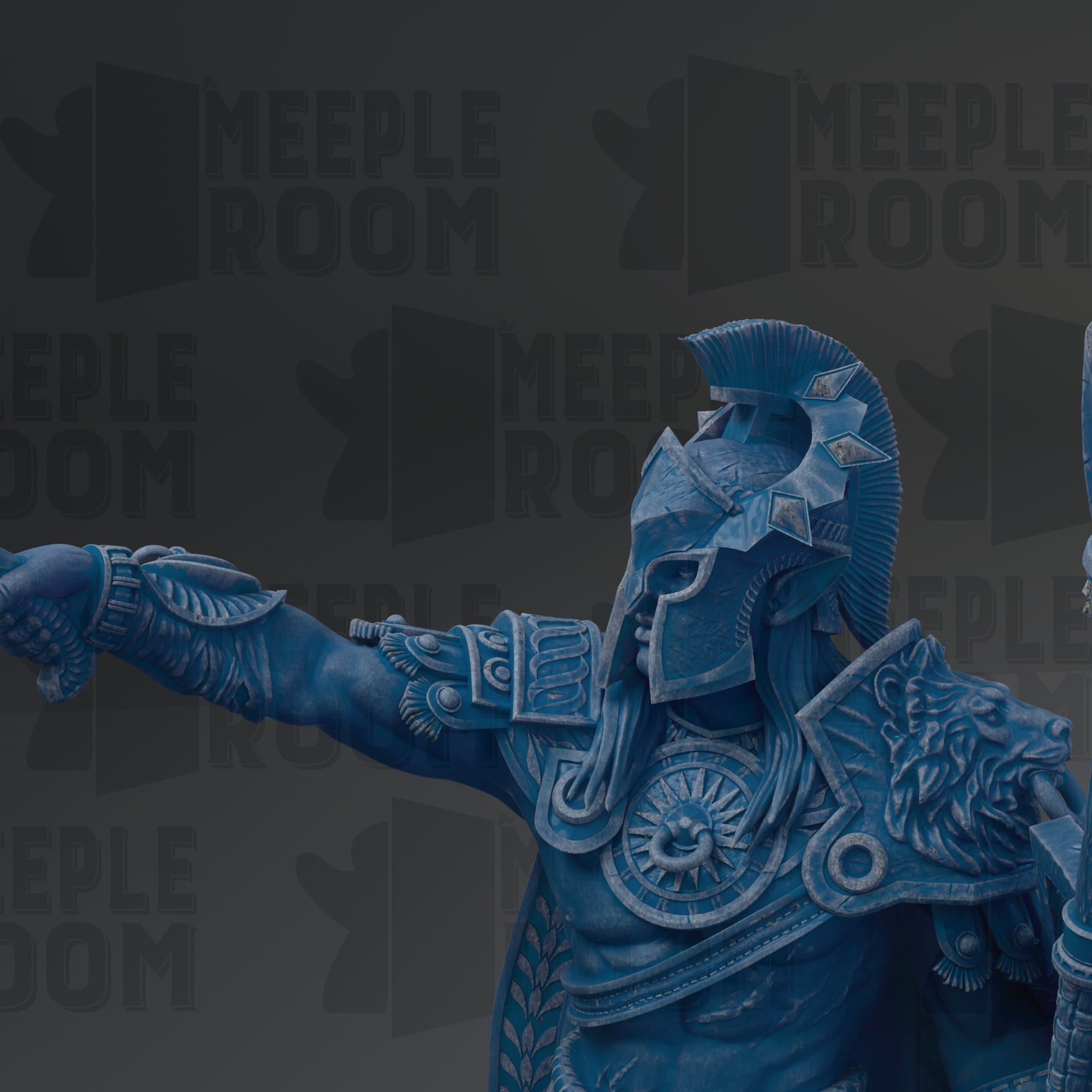 a blue statue of a warrior with a helmet and armor, standing in a fighting stance.