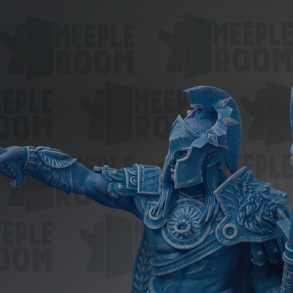 a blue statue of a warrior with a helmet and armor, standing in a fighting stance.