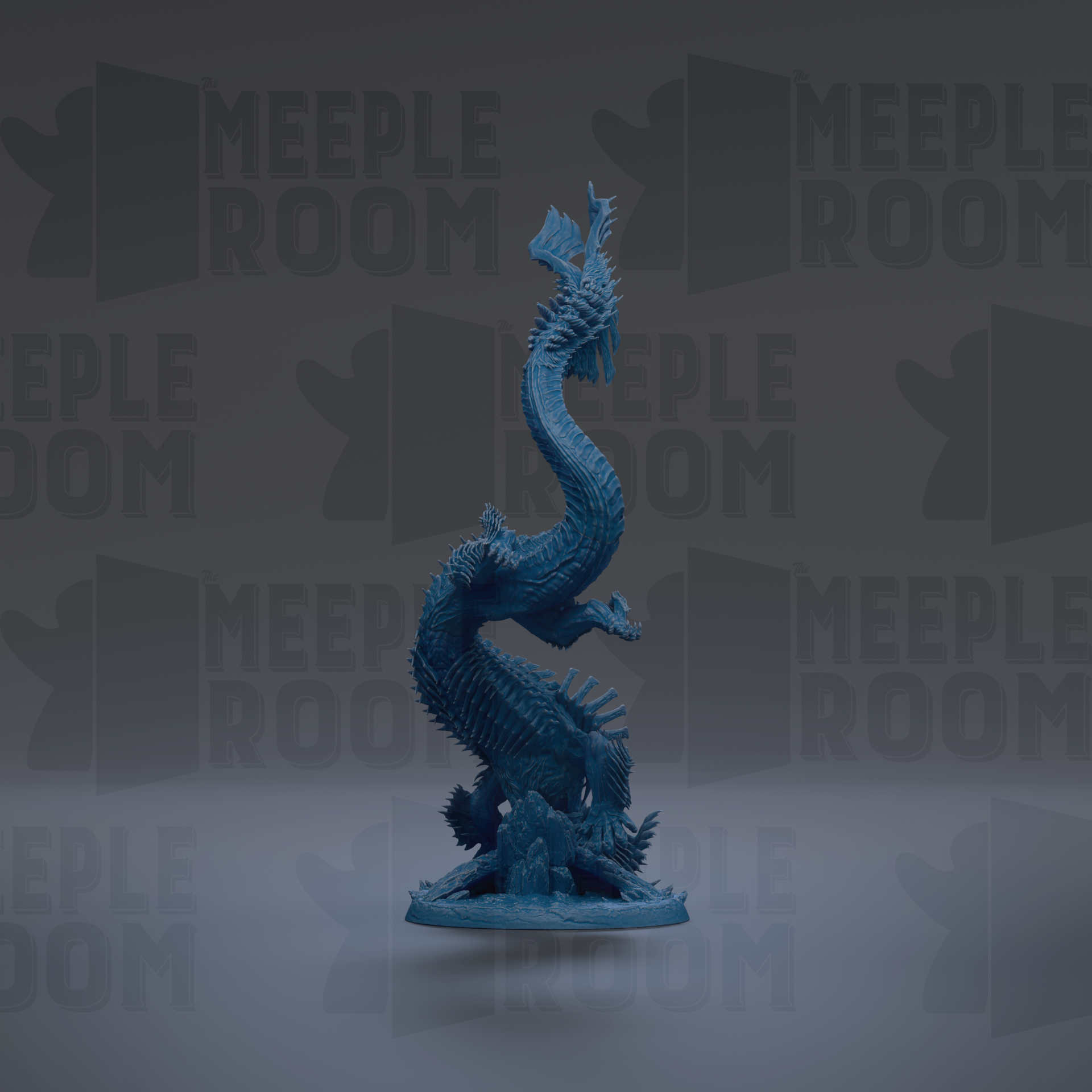 A blue dragon figurine is displayed against a dark background with repeated text.