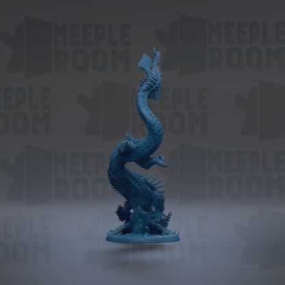 A blue dragon figurine is displayed against a dark background with repeated text.