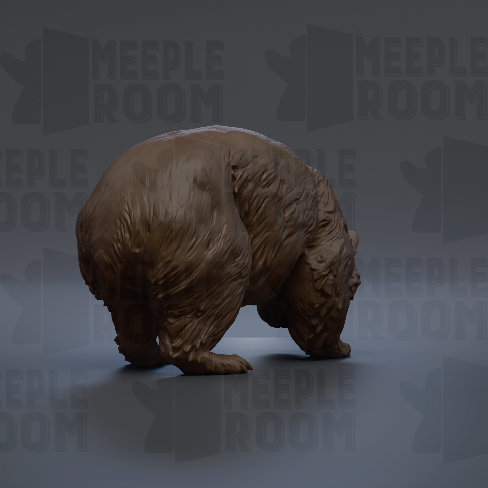 A 3D rendering of a bear statue, with the text "MEUPLE ROOM" repeated in the background.