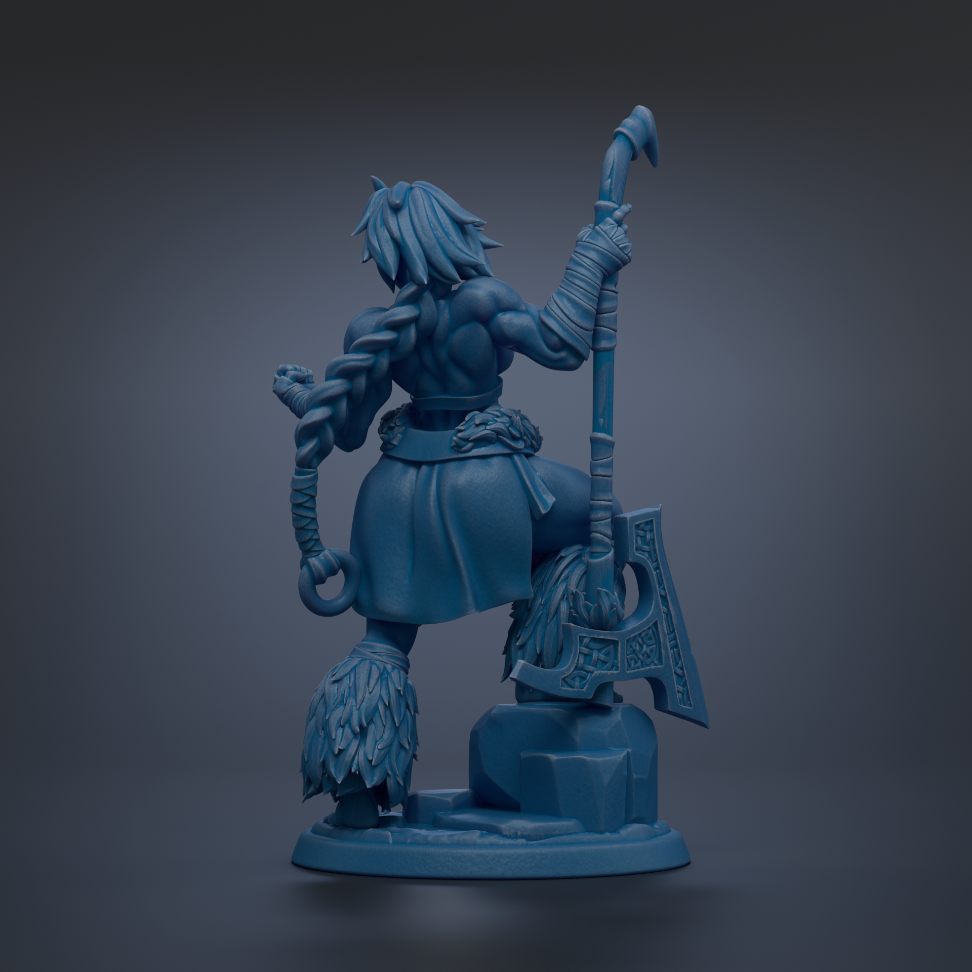 A blue, 3D-rendered statue depicting a muscular, battle-ready figure holding a large weapon and wearing a distinctive outfit.