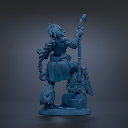 A blue, 3D-rendered statue depicting a muscular, battle-ready figure holding a large weapon and wearing a distinctive outfit.