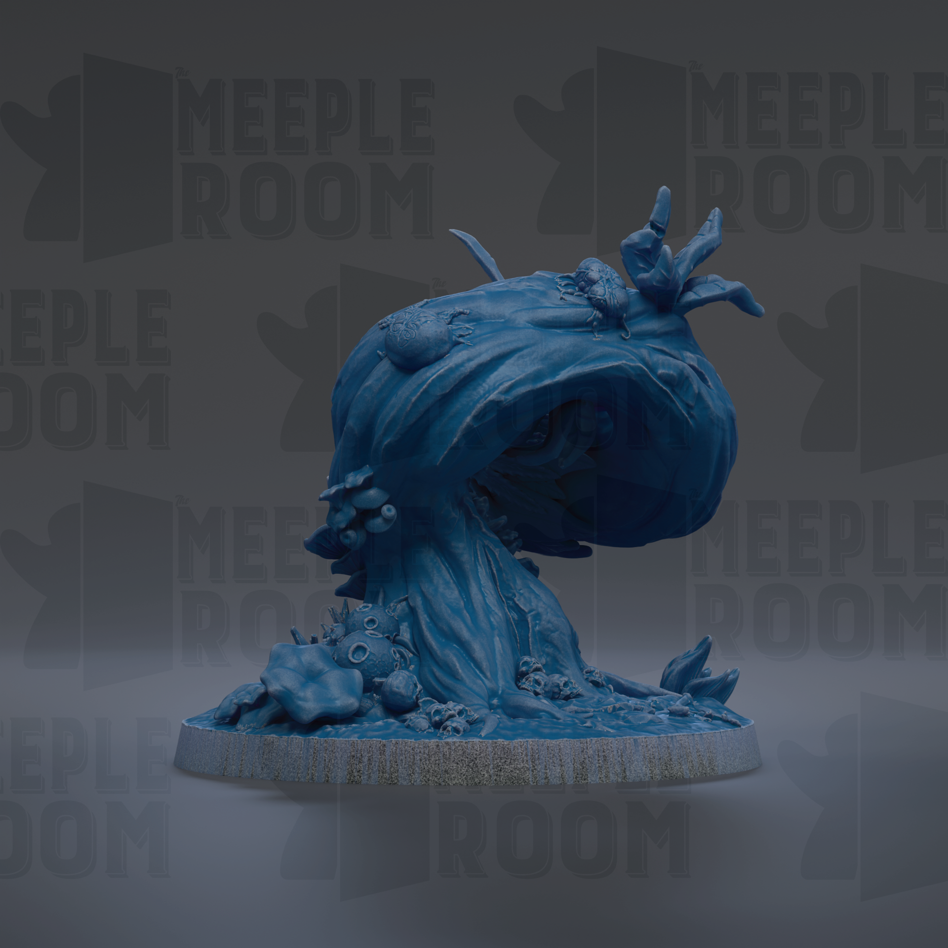 A blue, 3D-rendered mushroom-like creature with a large head and a smaller body, sitting on a base with various other objects.