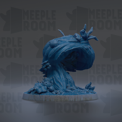A blue, 3D-rendered mushroom-like creature with a large head and a smaller body, sitting on a base with various other objects.