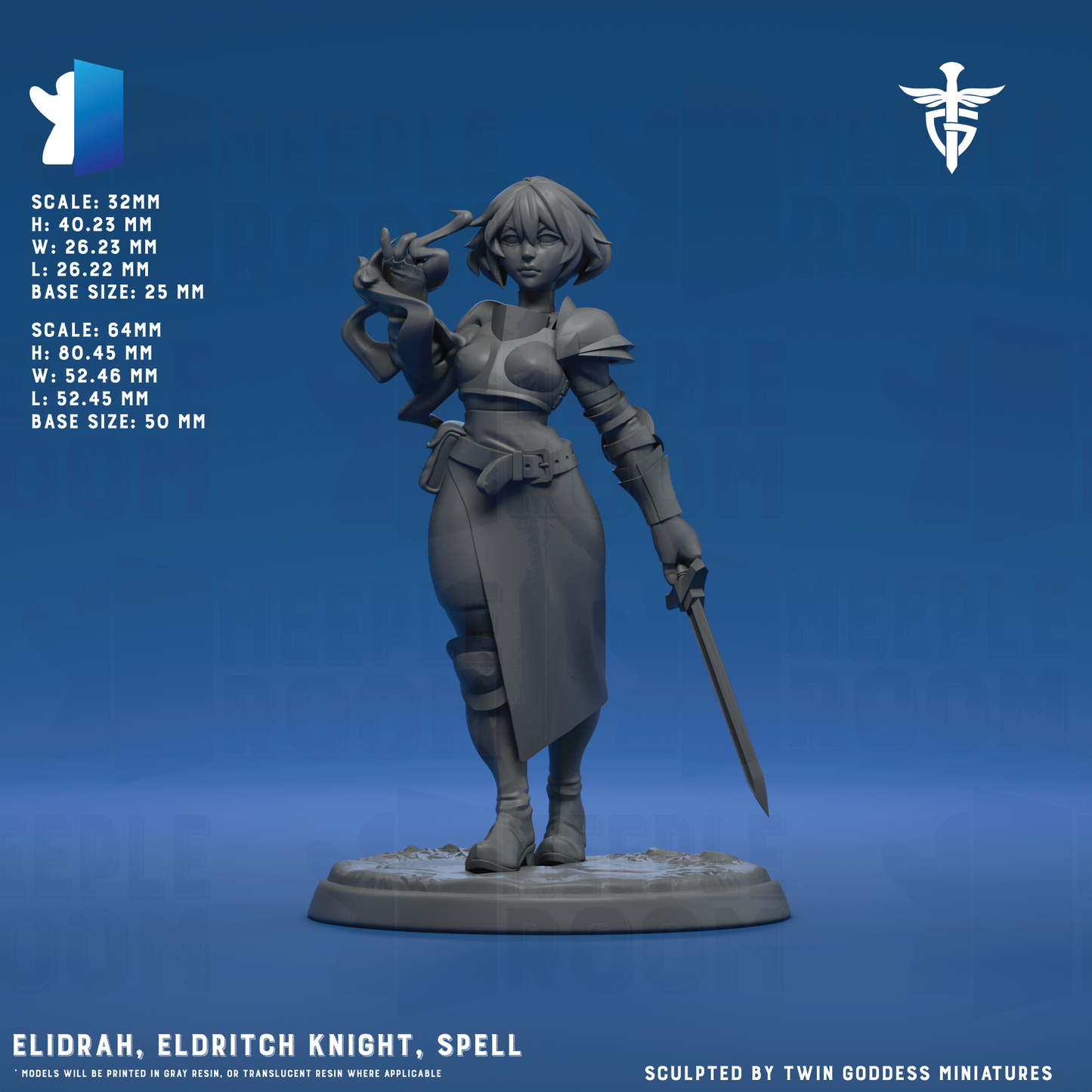 Elidrah, Eldritch Knight by Twin Goddess Miniatures | Miniature | TTRPG | Unpainted | Print on Demand