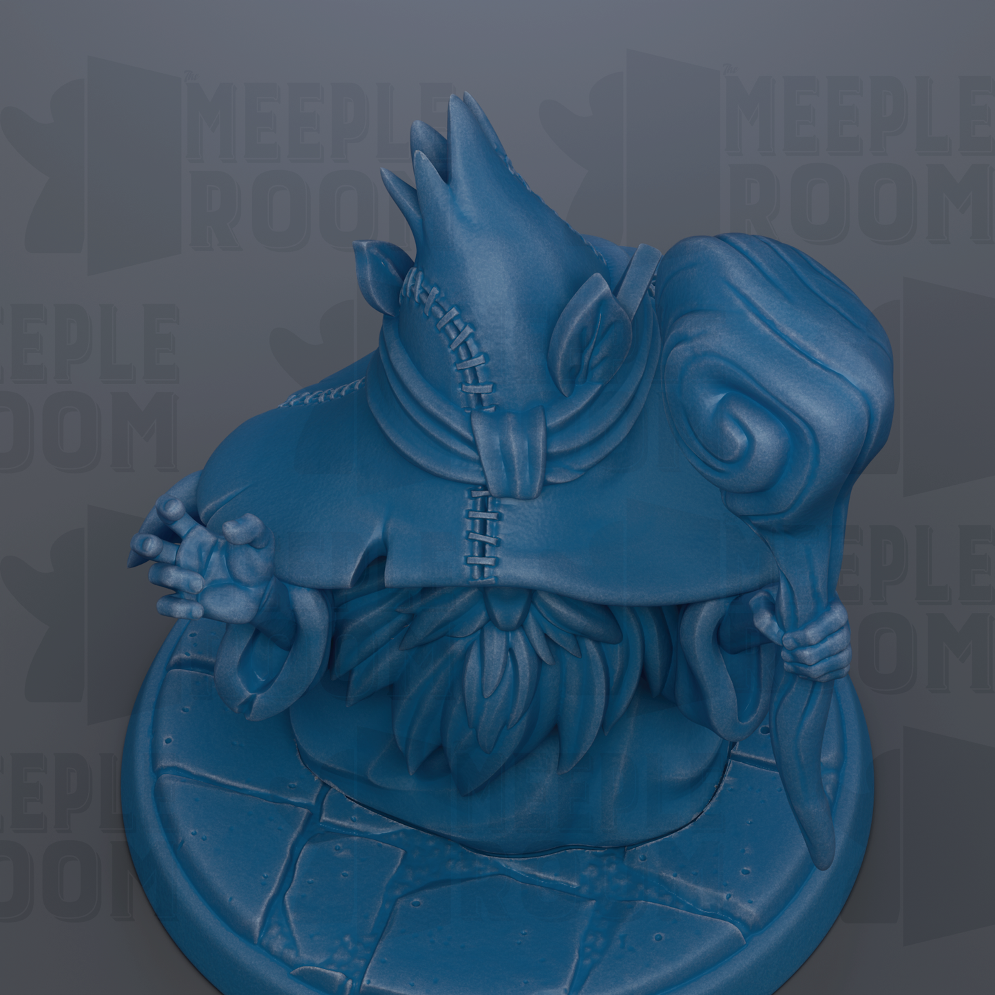 A blue, 3D-rendered statue of a fantastical creature with a pointed hat and flowing robes, sitting on a stone pedestal.