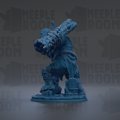 A blue, 3D-rendered statue of a warrior figure with a large weapon on its back, standing on a platform.