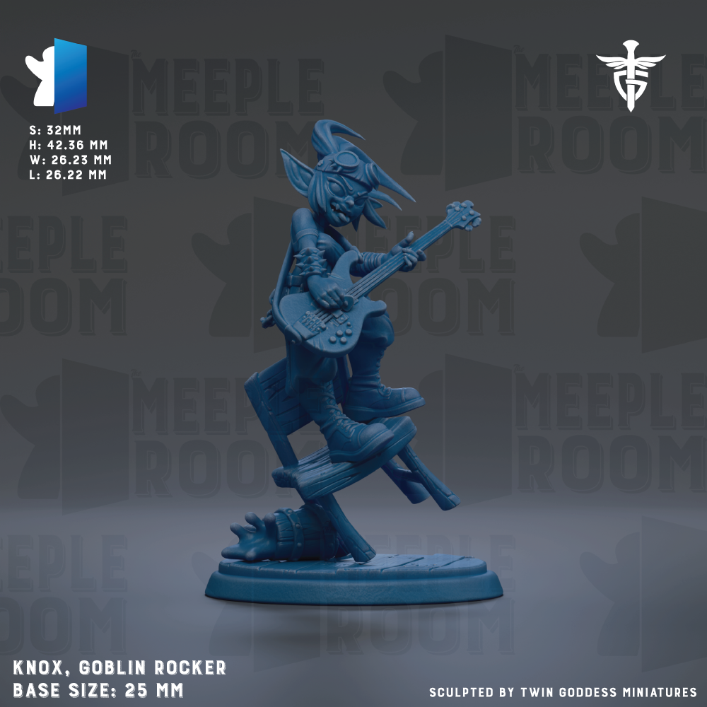 The image is a figurine of a character named Knox, who is a Goblin Rocker. Knox is shown playing a guitar and is depicted in a dynamic pose. The figurine is shown in a base size of 25mm. The background of the image features the text "MEIPLE ROOM" repeated multiple times, suggesting that the image is part of a larger collection or series.