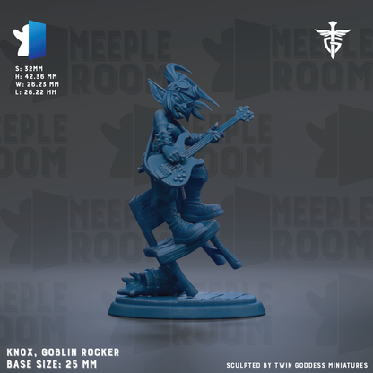 The image is a figurine of a character named Knox, who is a Goblin Rocker. Knox is shown playing a guitar and is depicted in a dynamic pose. The figurine is shown in a base size of 25mm. The background of the image features the text "MEIPLE ROOM" repeated multiple times, suggesting that the image is part of a larger collection or series.